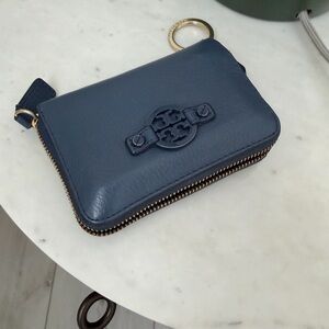 Tory Burch Navy Leather Zip Key wallet with Gold Hardware